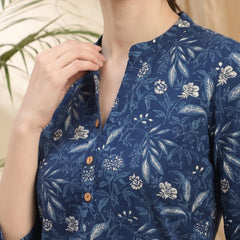 Indigo Blue Ethnic Motif Print Straight Short Kurtis
