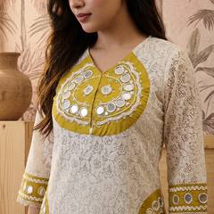 Cotton Schiffle & Mirror Work Tunic With Trouser Co-Ords Set