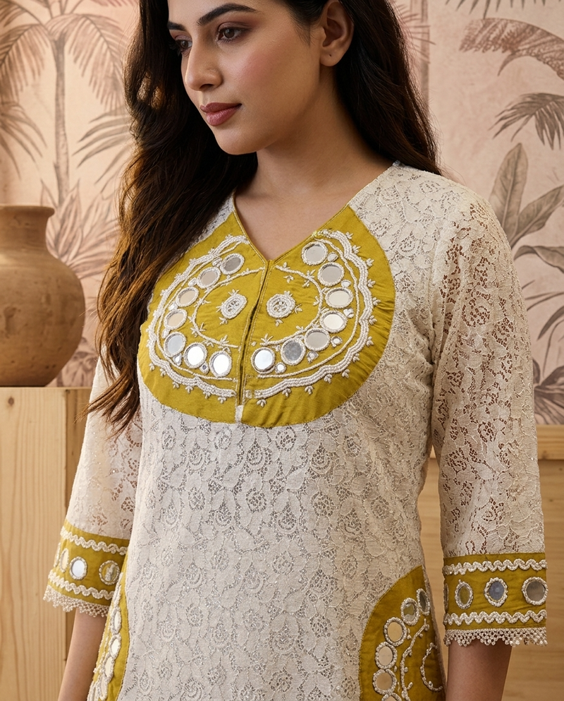 Cotton Schiffle & Mirror Work Tunic With Trouser Co-Ords Set