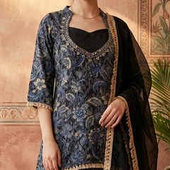 Floral Print & Embroidered  Straight Kurta With Top & Trousers & Dupatta