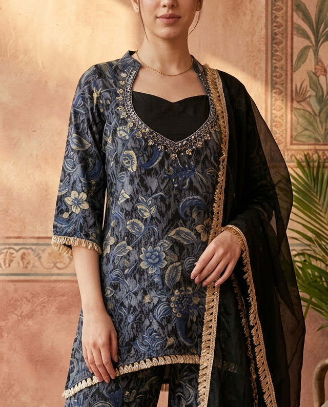 Floral Print & Embroidered  Straight Kurta With Top & Trousers & Dupatta