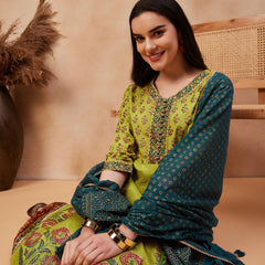 Green Floral Print Anarkali  Kurta with Palazzo & Dupatta Kurta Set