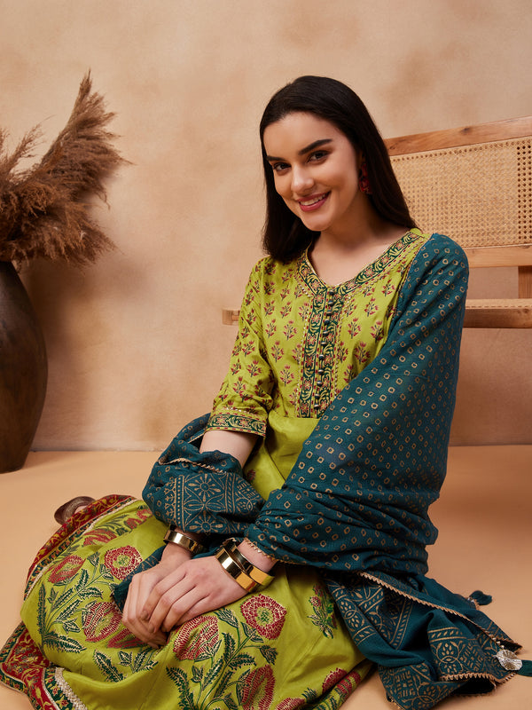 Green Floral Print Anarkali  Kurta with Palazzo & Dupatta Kurta Set