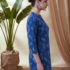 Indigo Blue Ethnic Motif Print Straight Short Kurtis