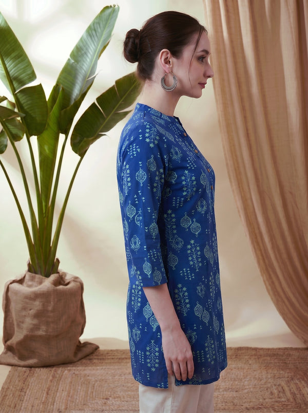 Indigo Blue Ethnic Motif Print Straight Short Kurtis
