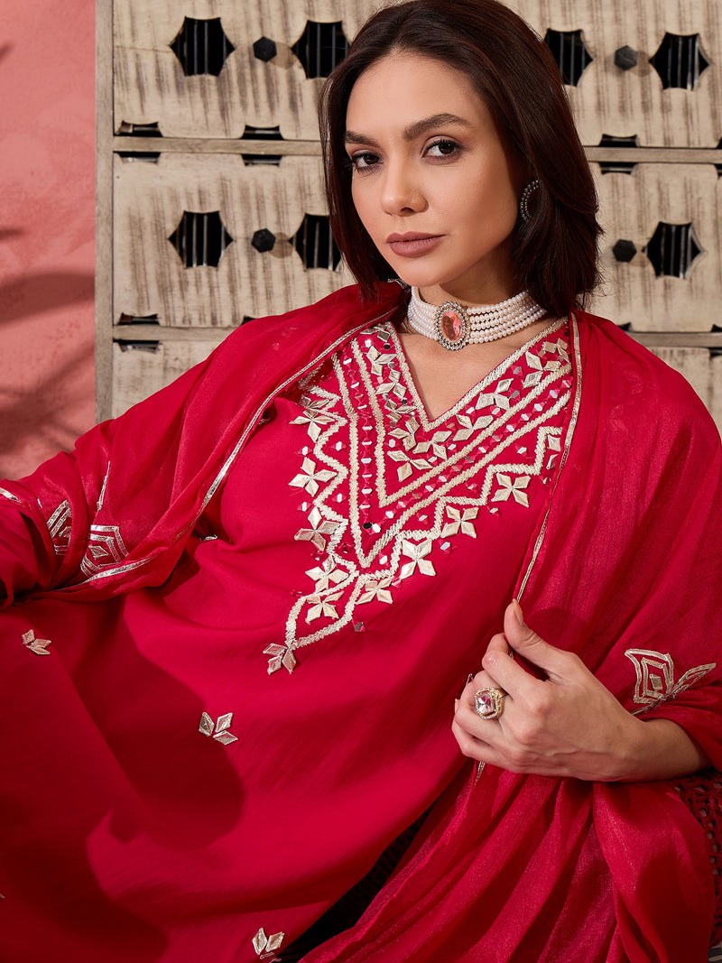 Red Embroidered Gotta Patti Kurta with Trousers & Dupatta Kurta Set