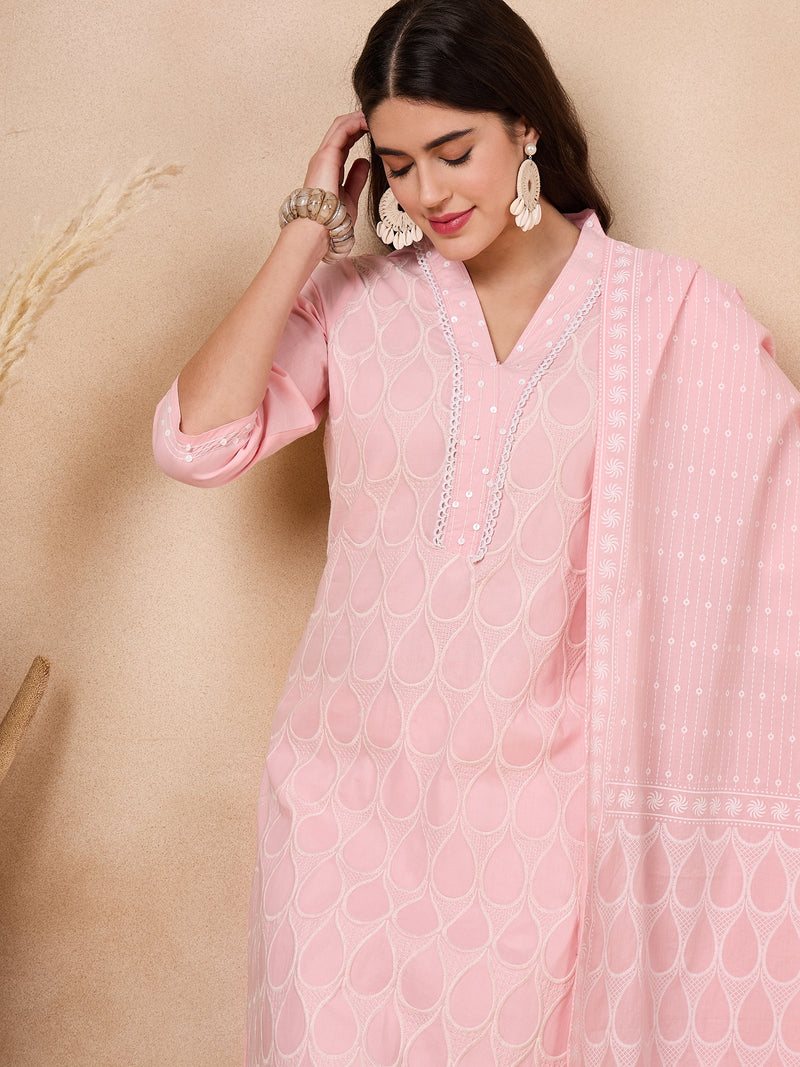 Floral Embroidered Regular Thread Work Pure Cotton Kurta with Trousers & With Dupatta