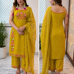 Mustard Embroidered Shoulder Straps Straight Kurta With Trouser & Dupatta Kurta Set