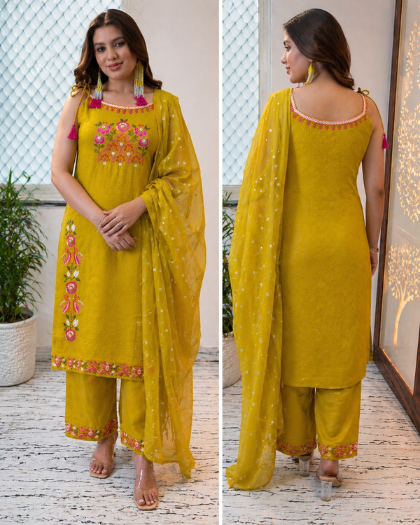 Mustard Embroidered Shoulder Straps Straight Kurta With Trouser & Dupatta Kurta Set