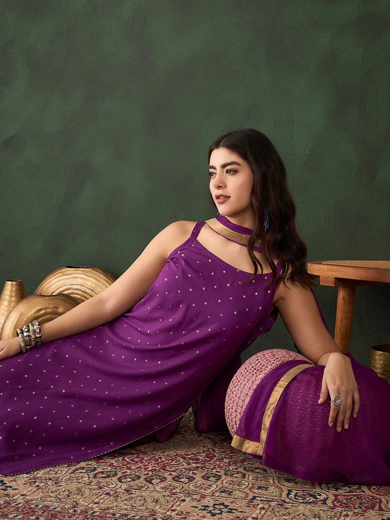 Printed Shoulder Strap Gotta Patti Kurta With Trousers & Dupatta