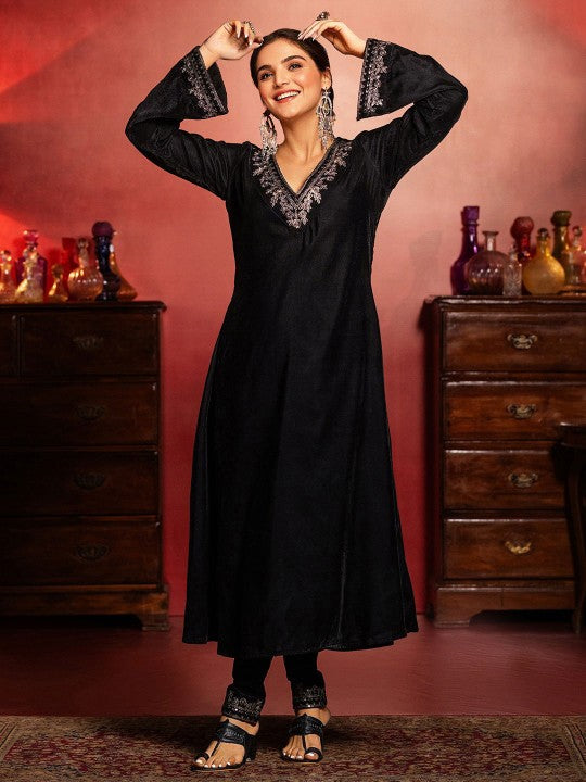 Black Embroidered Yoke Design Velvet Straight Kurta With Trousers & Dupatta Kurta Set
