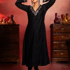 Black Embroidered Yoke Design Velvet Straight Kurta With Trousers & Dupatta Kurta Set