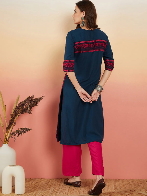 Ethnic Motifs Embroidered Thread Work Straight Kurta