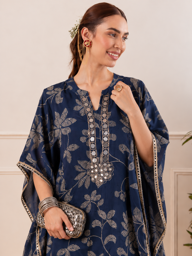 Floral Embroidered Regular Mirror Work Kaftan Kurta with Dhoti Pants
