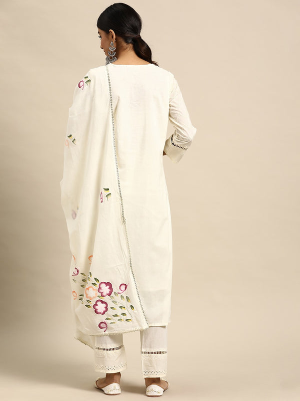 Off White Embroidered  Pure Cotton Kurta with Trousers & Dupatta