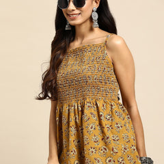 Floral Printed Smocked Cotton A-Line Top