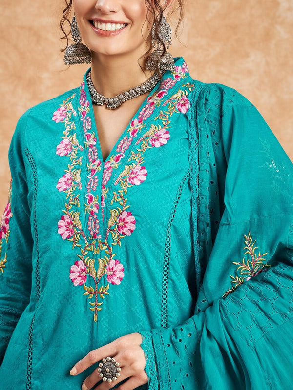 Blue Woven Design Thread Work Detail Pure Cotton Kurta & Trouser With Dupatta