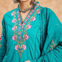 Floral Embroidered Pure Cotton Straight Kurta With Trouser & Dupatta