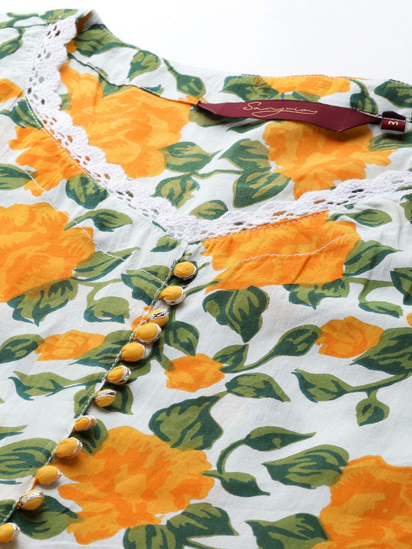 Women Yellow Floral Printed Lace Inserts Pure Cotton Kurta with Sharara & Dupatta