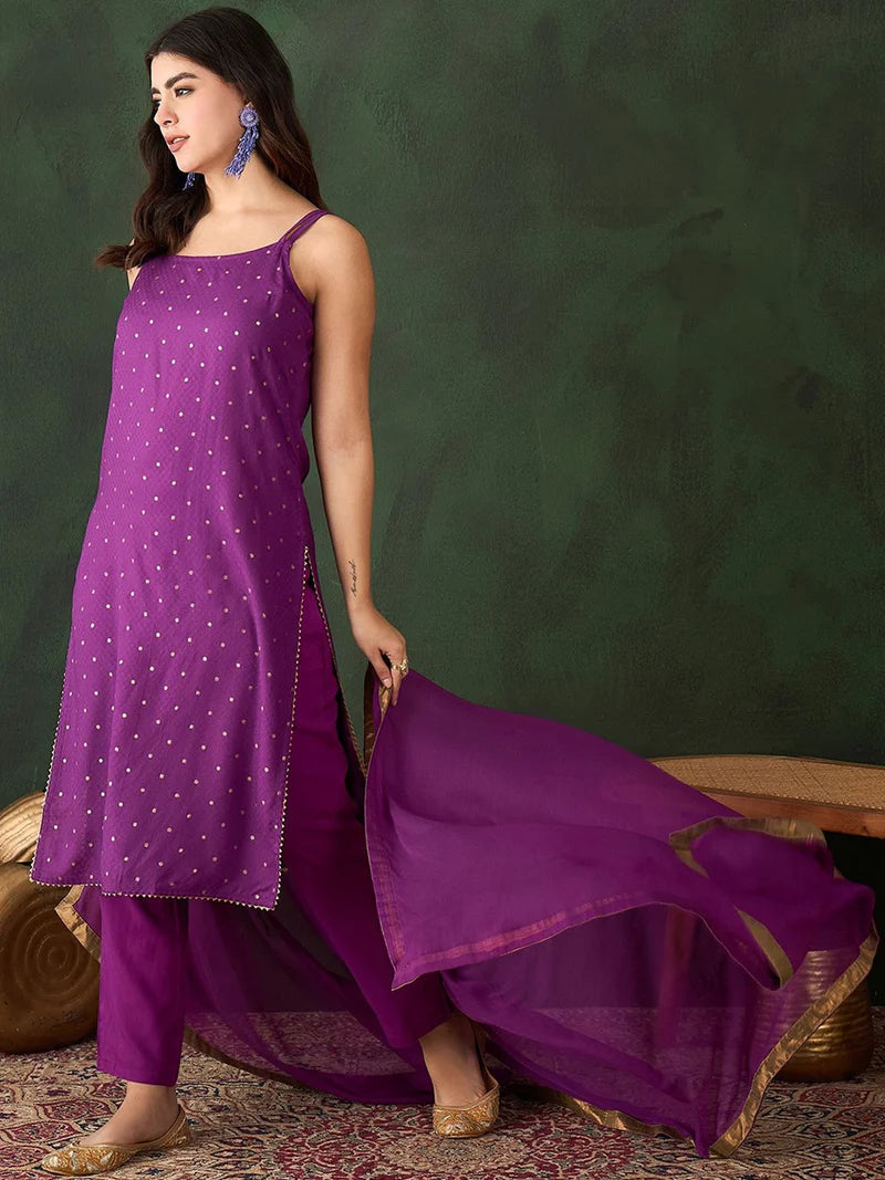 Embroidered Shoulder Straps Straight Kurta With Trousers & Dupatta