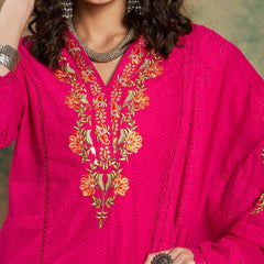 Pink Woven Design Thread Work Detail Pure Cotton Kurta & Trouser With Dupatta
