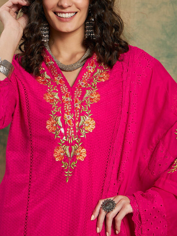 Pink Woven Design Thread Work Detail Pure Cotton Kurta & Trouser With Dupatta