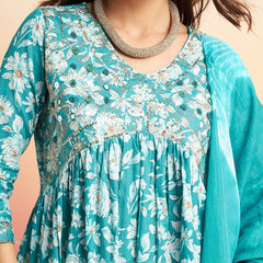 Floral Printed Thread Work Pure Cotton A-Line Kurta & Trousers With Dupatta
