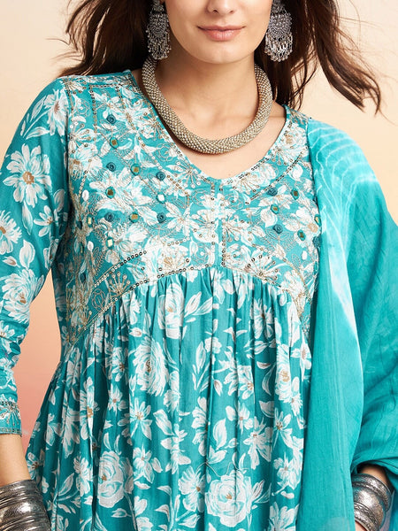 Floral Printed Thread Work Pure Cotton A-Line Kurta & Trousers With Dupatta