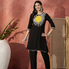 Black And White Mirror Work Round Neck Tunic With Trousers