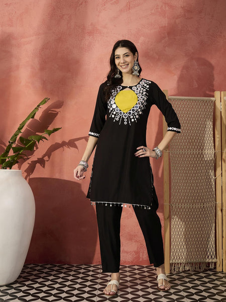 Black And White Mirror Work Round Neck Tunic With Trousers