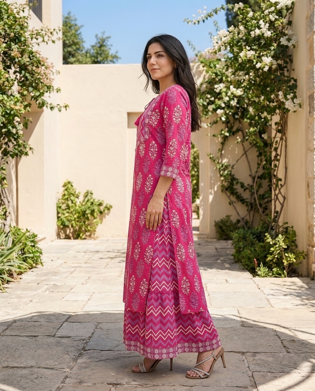 Ethnic Motifs Printed Pure Cotton Straight Kurta With Skirt