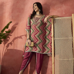 Chevron Printed Mirror Work V-Neck Kaftan Kurta Set