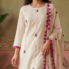 Floral Embroidered Straight Kurta With Trousers & Dupatta