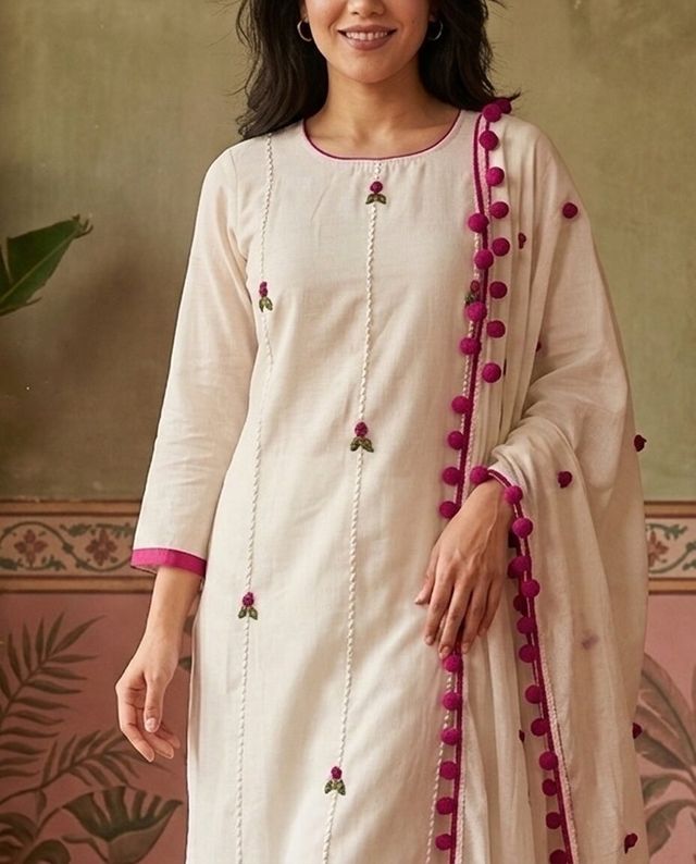 Floral Embroidered Straight Kurta With Trousers & Dupatta