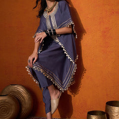 Blue Geometric Embroidered Round Neck Mirror Work Kaftan With Trousers