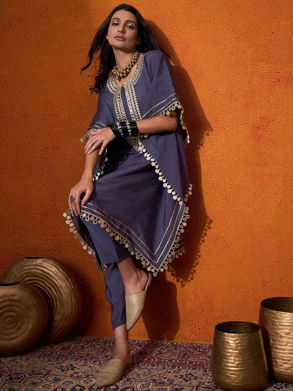 Blue Geometric Embroidered Round Neck Mirror Work Kaftan With Trousers