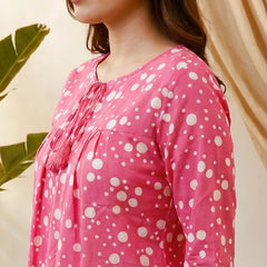 Pink Folka Dots Print Straight Kurtis