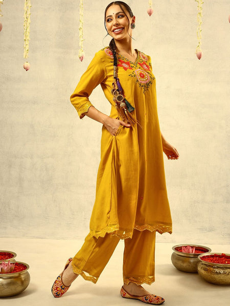 Mustard Mirror & Thread Embroidered Festive Kurta With Trouser & Dupatta Kurta Set