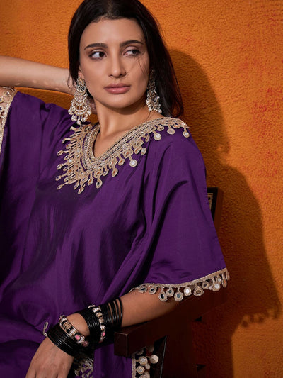 Ethnic Motifs Yoke Design Embroidered Kaftan Kurta & Trousers