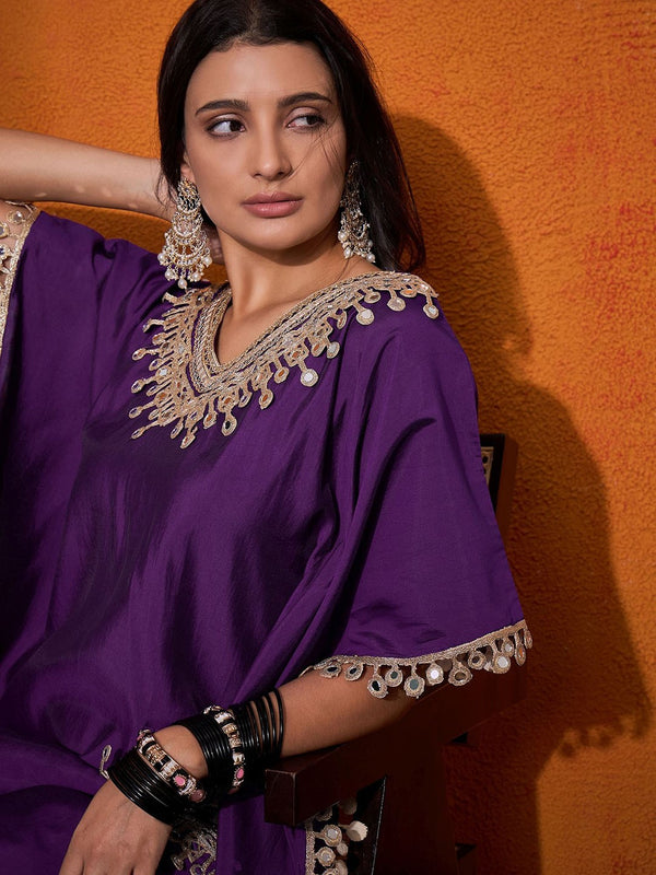 Ethnic Motifs Yoke Design Embroidered Kaftan Kurta & Trousers