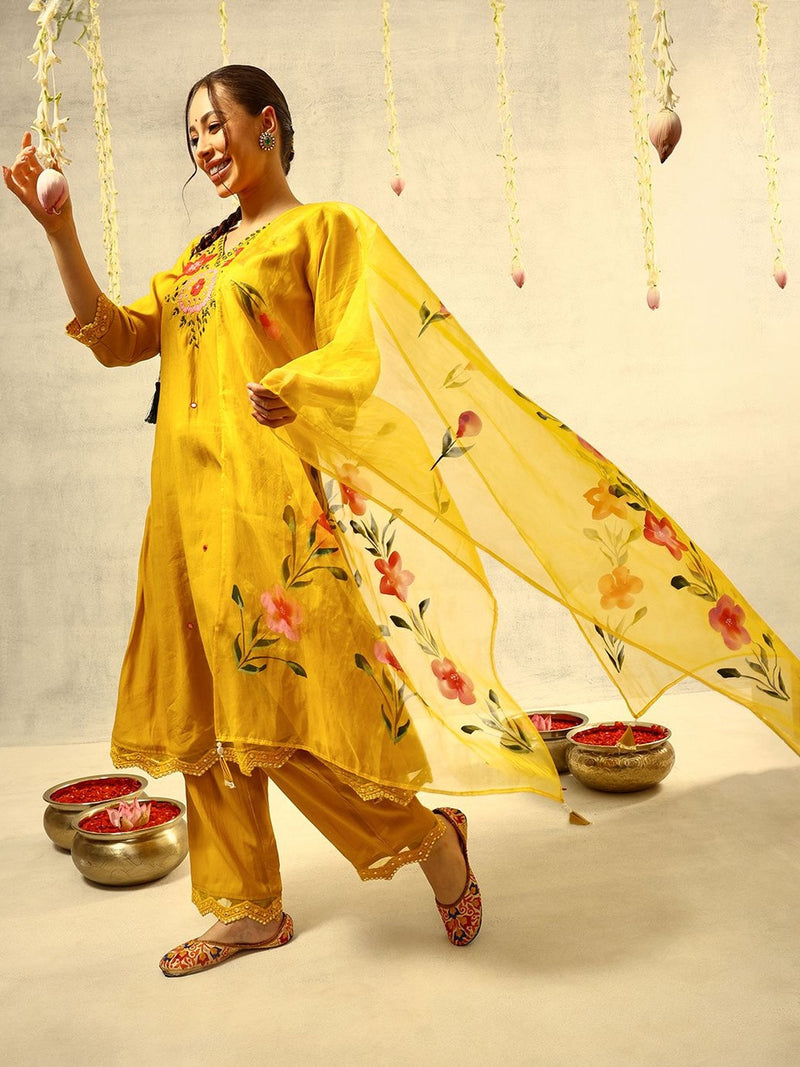 Mirror & Thread Embroidered Festive Kurta With Trouser & Dupatta Kurta Set