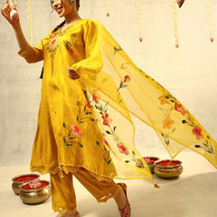 Mirror & Thread Embroidered Festive Kurta With Trouser & Dupatta Kurta Set