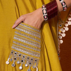 V-Neck Short Sleeves Regular Mirror Work A-Line Kaftan With Trouser