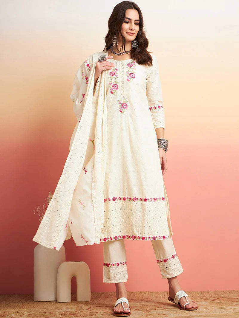 Floral Embroidered Pure Cotton Straight Kurta With Trouser & Dupatta