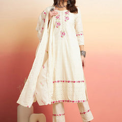 Floral Embroidered Pure Cotton Straight Kurta With Trouser & Dupatta