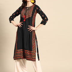 Floral Yoke Printed Mirror Work Kurta