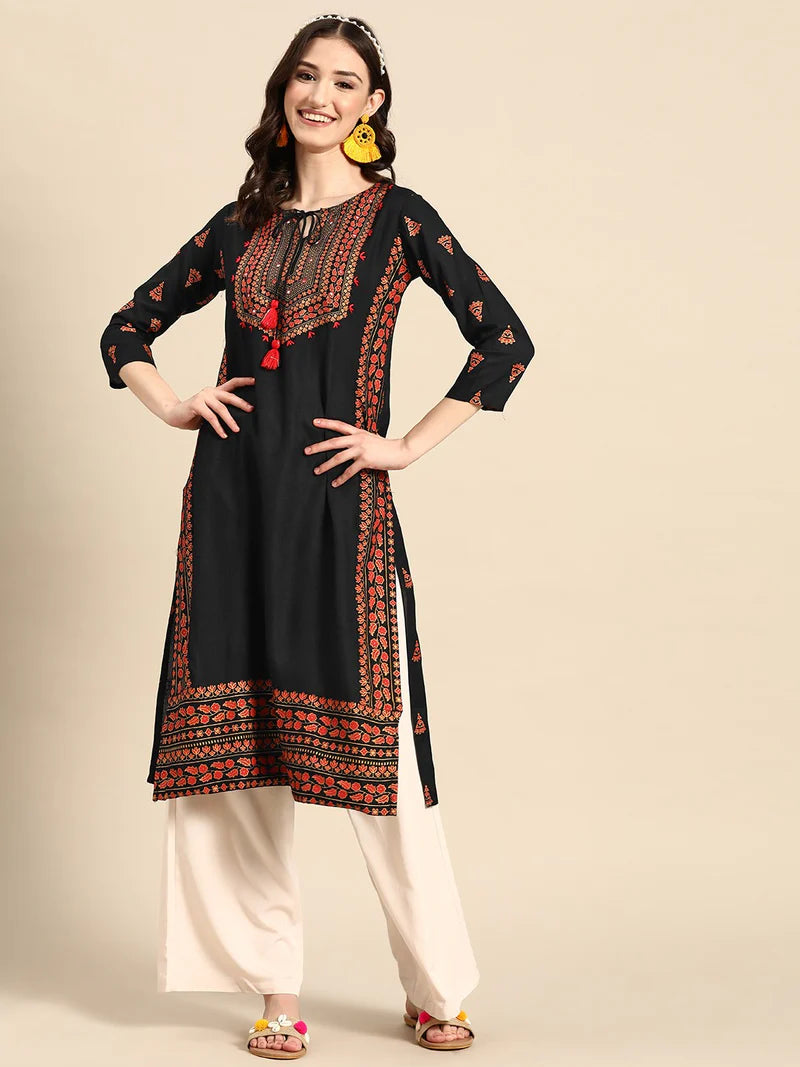 Ethnic Motifs Embroidered Thread Work Straight Kurta