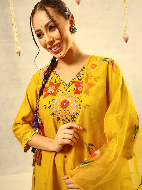 Mustard Mirror & Thread Embroidered Festive Kurta With Trouser & Dupatta Kurta Set