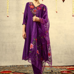 Mirror & Thread Embroidered Festive Kurta With Trouser & Dupatta Kurta Set