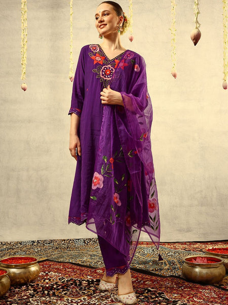 Mirror & Thread Embroidered Festive Kurta With Trouser & Dupatta Kurta Set